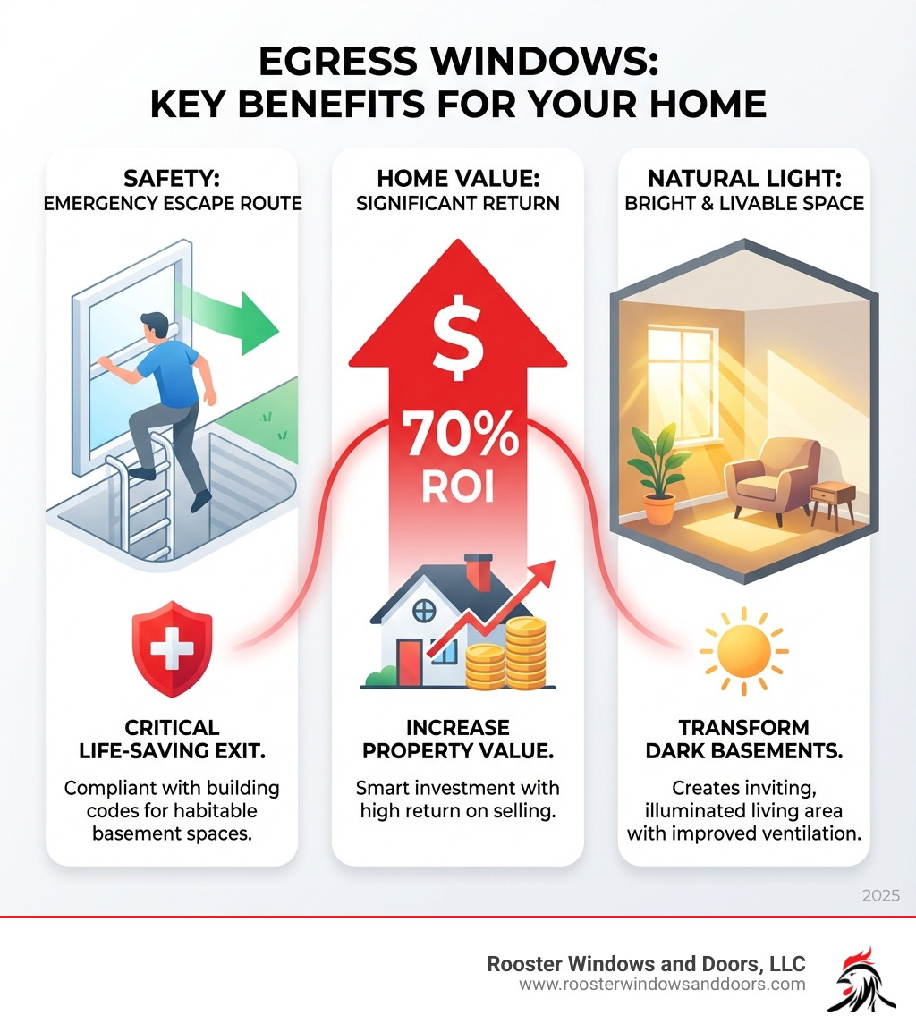 Infographic showing three key benefits of egress windows: Safety (emergency escape route with illustration of person exiting), Home Value (70% ROI with upward arrow and dollar sign), and Natural Light (bright basement room with sun rays) - basement egress contractors near me infographic 