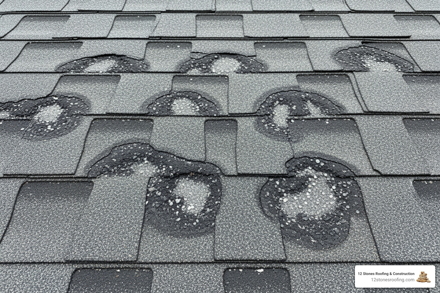 Image of hail damage on an asphalt shingle roof - roofing Pasadena Tx