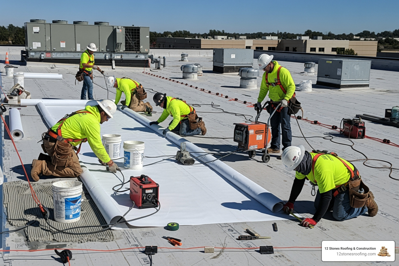 professional roofing crew safely installing a new TPO membrane on a large commercial building - commercial roof replacement Pasadena TX