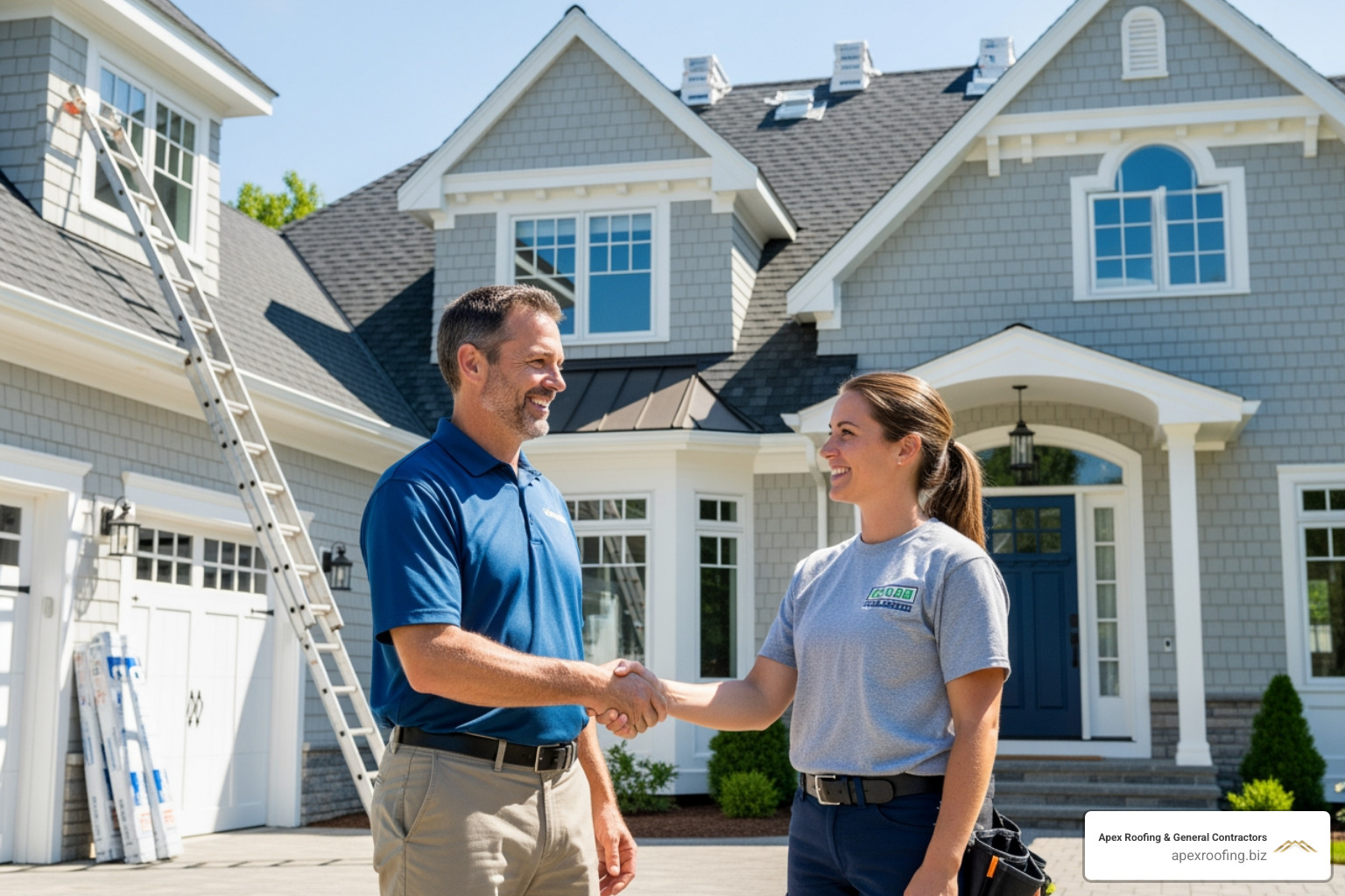 homeowner shaking hands with a certified roofer - certified roofing professionals homeowner shaking hands with a certified roofer - certified roofing professionals