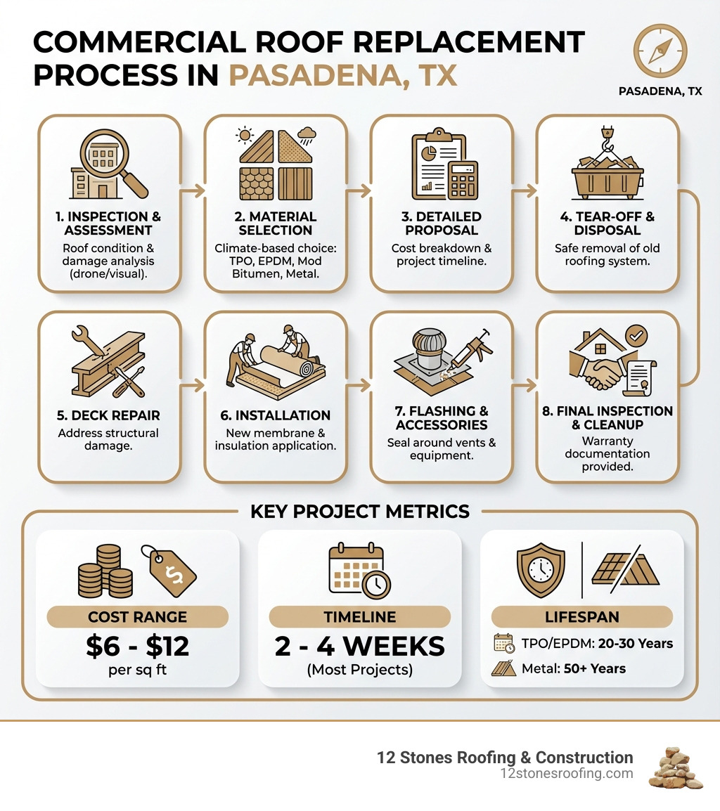 Infographic showing the commercial roof replacement process in Pasadena TX: 1) Inspection and Assessment of roof condition and damage, 2) Material Selection based on climate needs (TPO, EPDM, Modified Bitumen, Metal), 3) Detailed Proposal with cost breakdown and timeline, 4) Tear-Off and safe disposal of old roofing system, 5) Deck Repair to address structural damage, 6) Installation of new roofing membrane and insulation, 7) Flashing and Accessory Installation around vents and equipment, 8) Final Inspection and Cleanup with warranty documentation. Cost range $6-$12 per sq ft, timeline 2-4 weeks for most projects, lifespan 20-30 years for TPO/EPDM or 50+ years for metal. - commercial roof replacement Pasadena TX infographic 