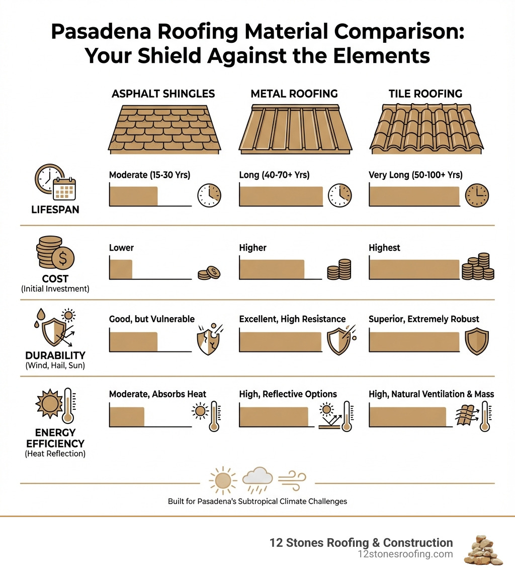 Infographic comparing Asphalt, Metal, and Tile roofs on Lifespan, Cost, Durability, and Energy Efficiency - roofing Pasadena Tx infographic 