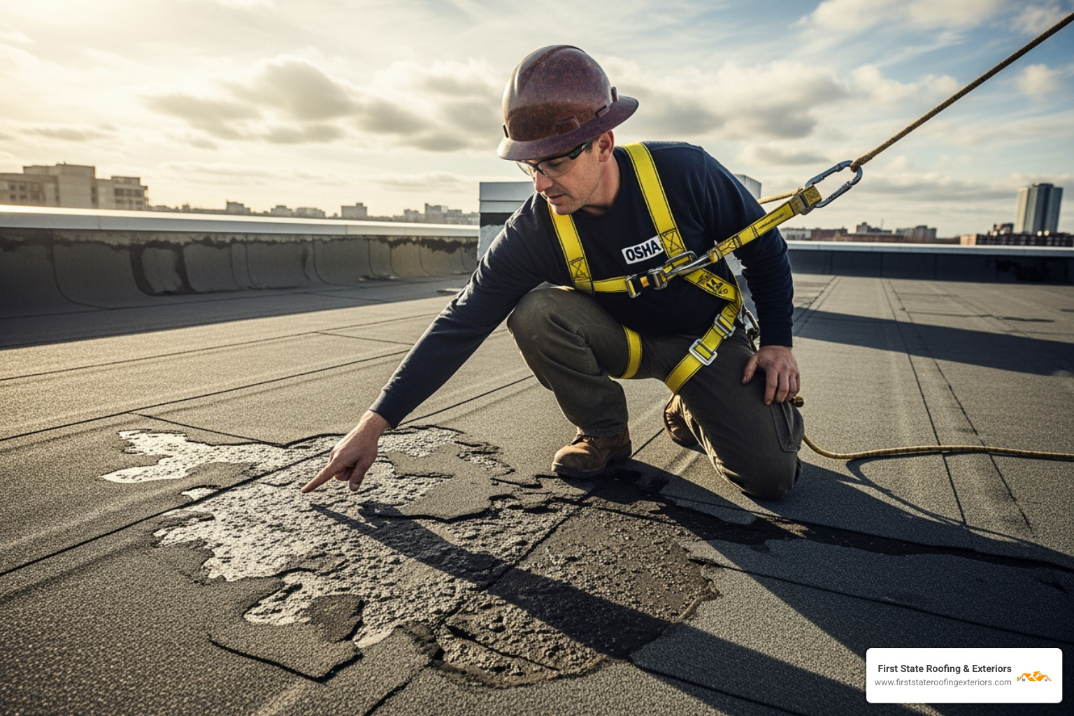 A roofer, wearing a safety harness, carefully inspecting a blistered and cracked flat felt roof, pointing at a damaged area. - felt roof repair near me A roofer, wearing a safety harness, carefully inspecting a blistered and cracked flat felt roof, pointing at a damaged area. - felt roof repair near me