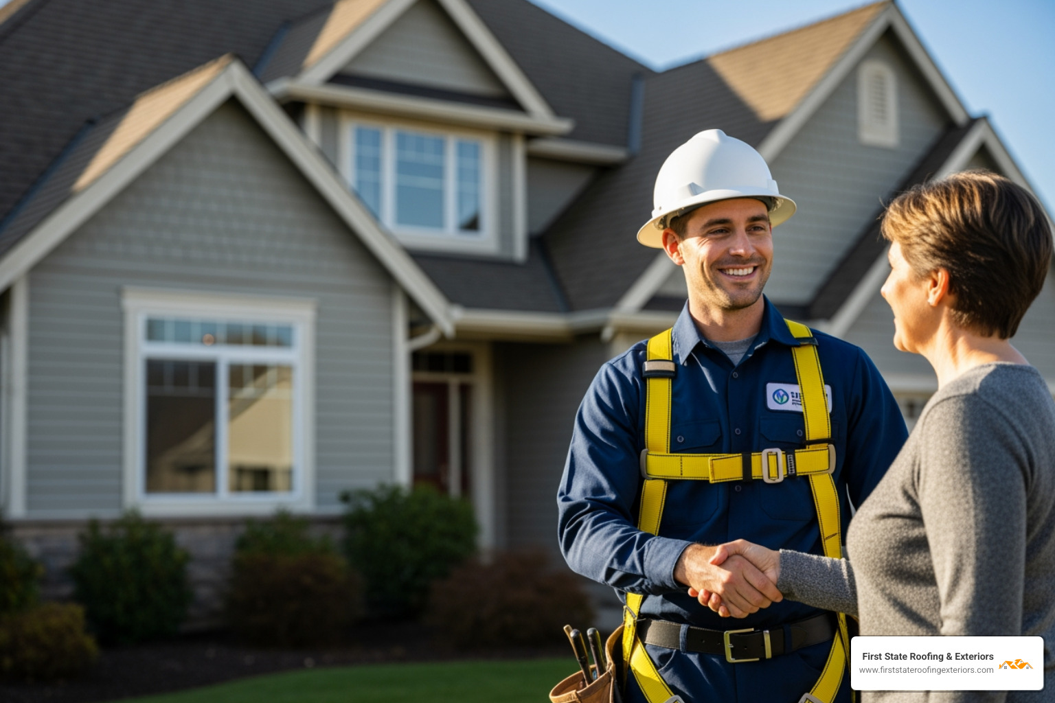 A friendly, uniformed roofer, wearing a safety harness, smiling and shaking hands with a homeowner, symbolizing trust and professionalism. - felt roof repair near me A friendly, uniformed roofer, wearing a safety harness, smiling and shaking hands with a homeowner, symbolizing trust and professionalism. - felt roof repair near me
