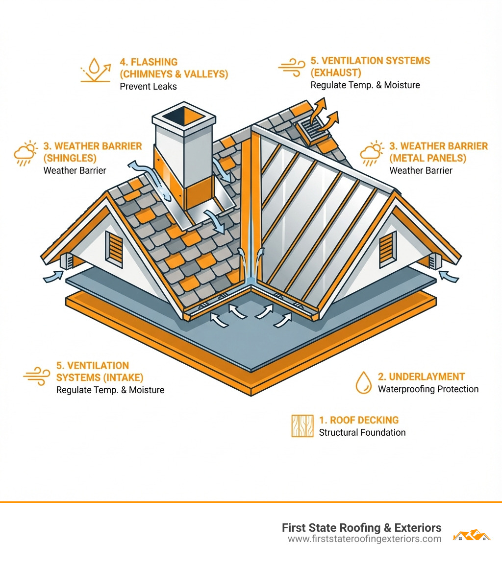 Infographic showing the key components of a complete roofing system: roof decking as the structural foundation, underlayment for waterproofing protection, shingles or metal panels as the weather barrier, flashing around chimneys and valleys to prevent leaks, and ventilation systems to regulate temperature and moisture - quality roofing dover de infographic Infographic showing the key components of a complete roofing system: roof decking as the structural foundation, underlayment for waterproofing protection, shingles or metal panels as the weather barrier, flashing around chimneys and valleys to prevent leaks, and ventilation systems to regulate temperature and moisture - quality roofing dover de infographic
