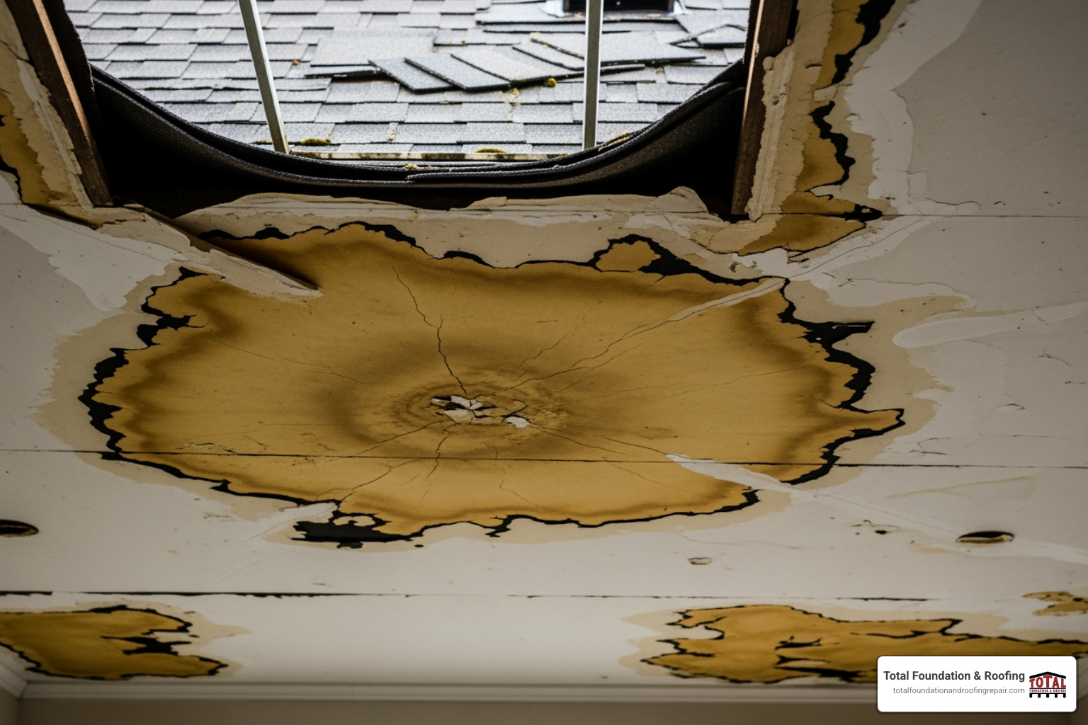 damaged shingles and water stains on a ceiling - Roofing contractor Kerrville TX