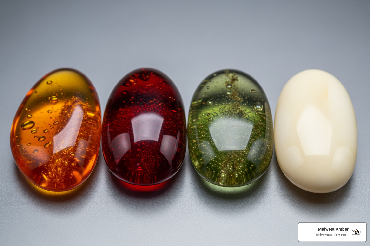 various amber colors side-by-side (cognac, cherry, green, milky) - amber brooch pin