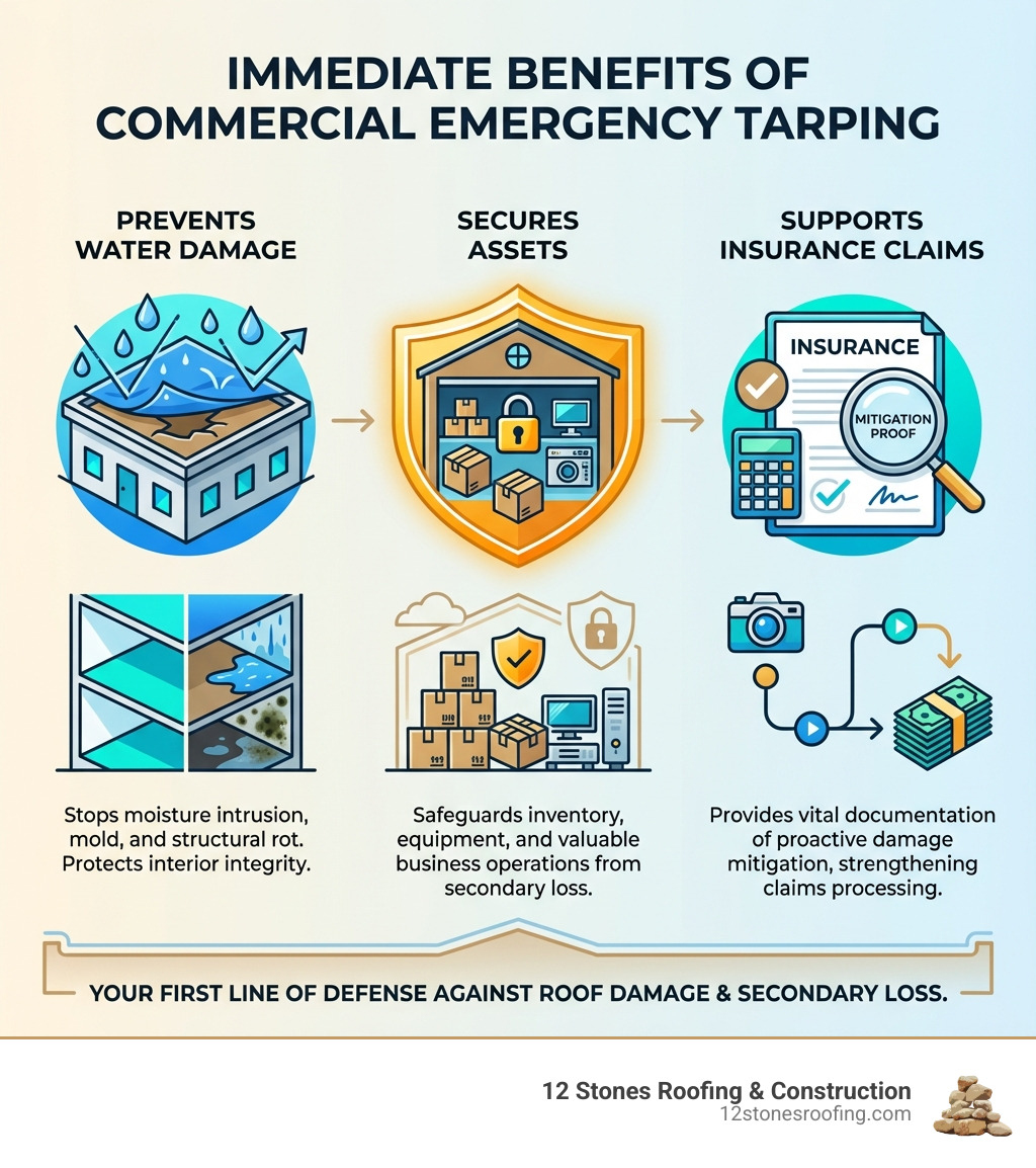 infographic explaining the 3 immediate benefits of emergency tarping: Prevents Water Damage, Secures Assets, and Supports Insurance Claims - Commercial emergency tarping infographic infographic explaining the 3 immediate benefits of emergency tarping: Prevents Water Damage, Secures Assets, and Supports Insurance Claims - Commercial emergency tarping infographic