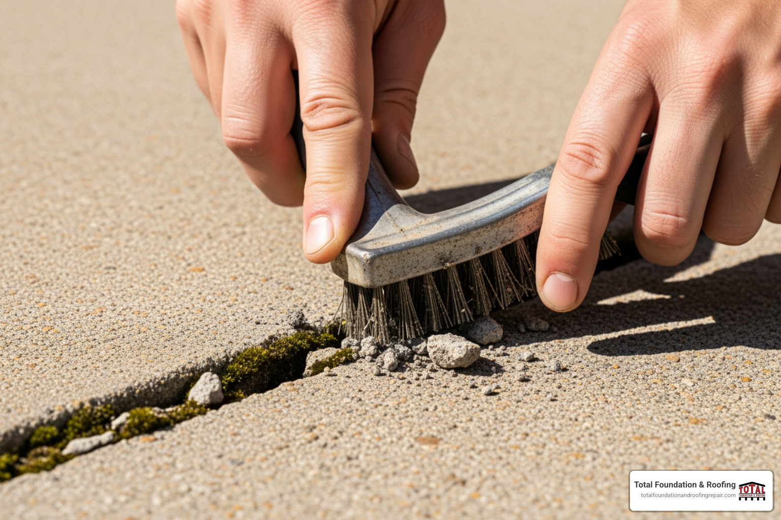 person cleaning a crack with a wire brush before filling - cracked cement driveway repair person cleaning a crack with a wire brush before filling - cracked cement driveway repair