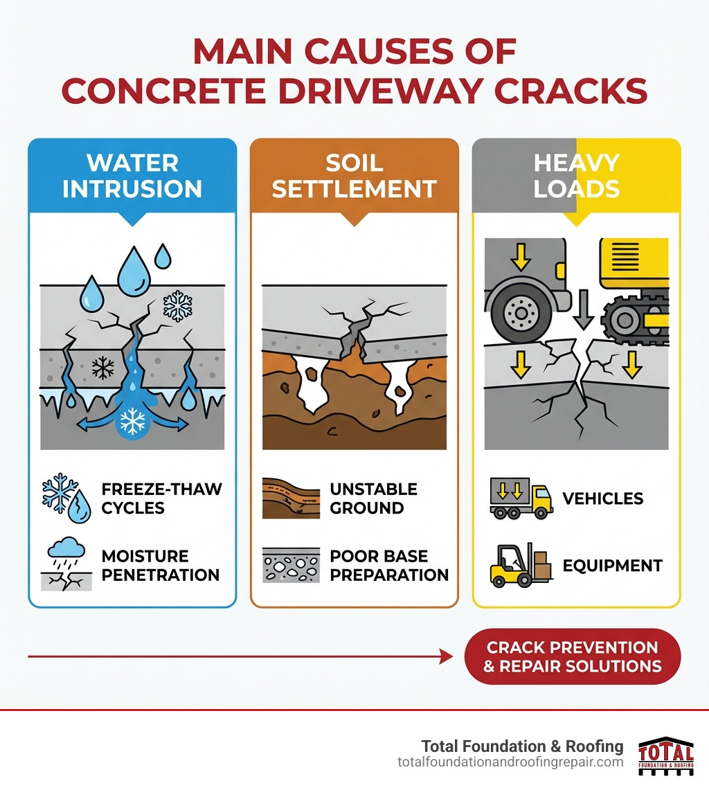 Infographic showing the three main causes of concrete driveway cracks: water intrusion from freeze-thaw cycles and moisture penetration, soil settlement from unstable ground and poor base preparation, and heavy loads from vehicles and equipment exceeding the concrete's weight capacity - cracked cement driveway repair infographic Infographic showing the three main causes of concrete driveway cracks: water intrusion from freeze-thaw cycles and moisture penetration, soil settlement from unstable ground and poor base preparation, and heavy loads from vehicles and equipment exceeding the concrete's weight capacity - cracked cement driveway repair infographic