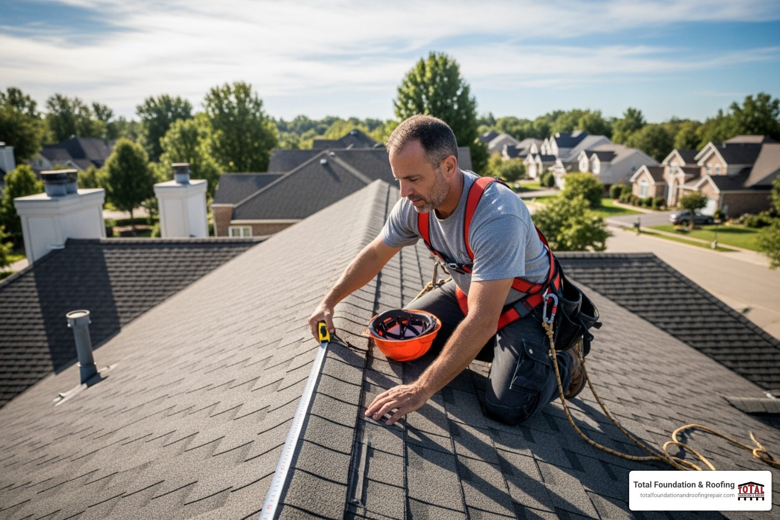roofing contractor measuring a roof for an estimate - average cost of roof and gutter replacement