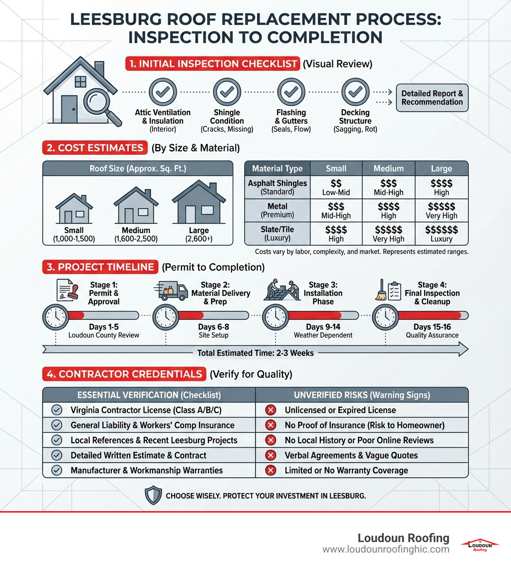 infographic showing the complete roof replacement process in Leesburg VA, including initial inspection checklist, cost breakdown by roof size and material type, timeline from permit to completion, and comparison of contractor credentials to verify - roof replacement leesburg infographic 