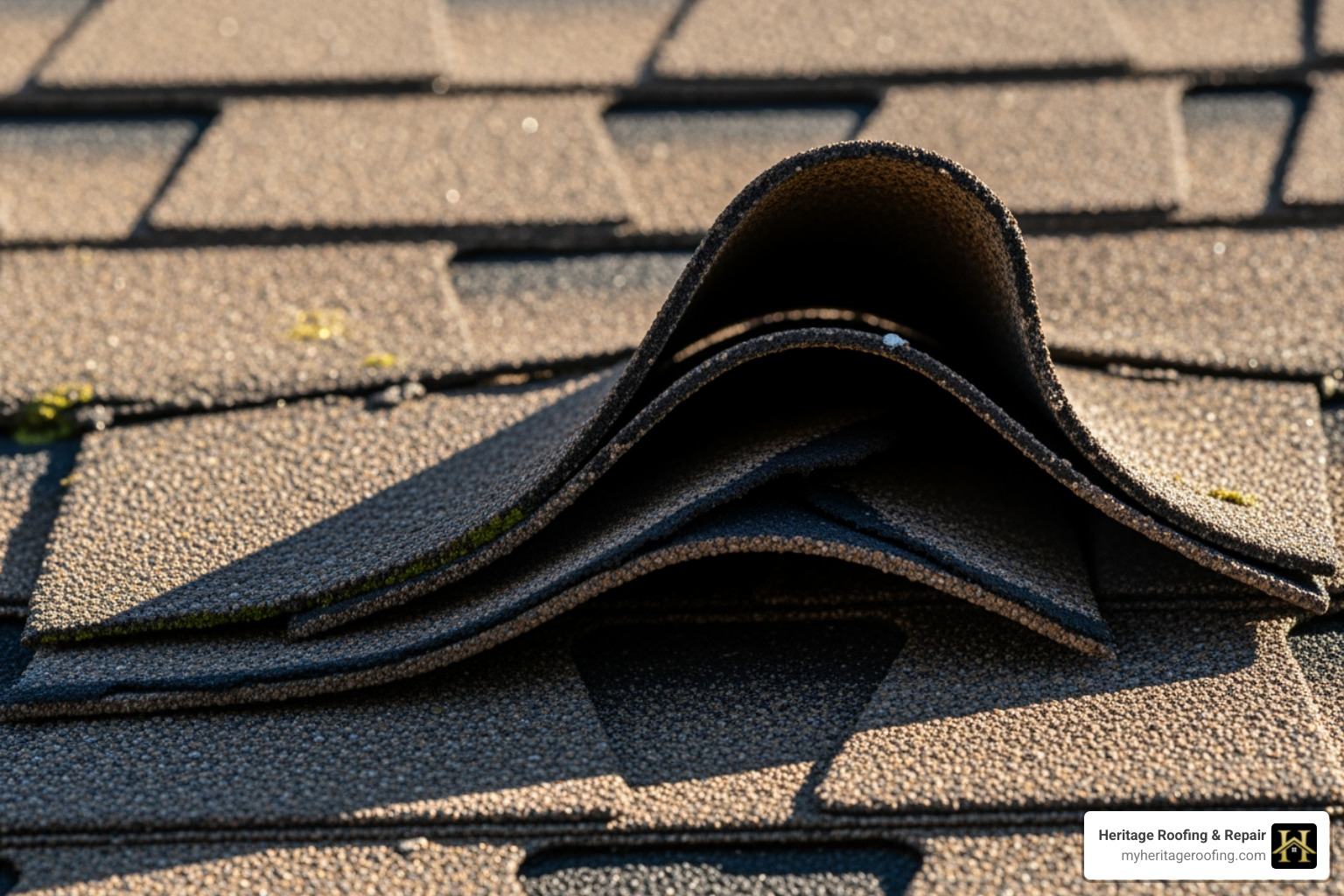 Close-up of a cracked and curling 3-tab shingle - 3 tab shingle repair Close-up of a cracked and curling 3-tab shingle - 3 tab shingle repair