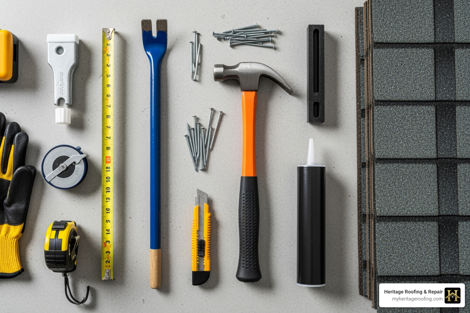 Tools and materials for shingle repair laid out - 3 tab shingle repair Tools and materials for shingle repair laid out - 3 tab shingle repair
