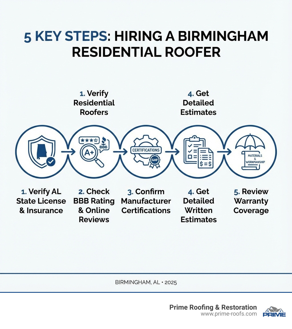 Infographic showing 5 key steps to hiring a residential roofer in Birmingham: 1. Verify Alabama state contractor license and insurance, 2. Check BBB rating and online reviews, 3. Confirm manufacturer certifications like GAF Master Elite, 4. Get detailed written estimates with itemized costs, 5. Review warranty coverage for materials and workmanship - residential roofers birmingham al infographic 
