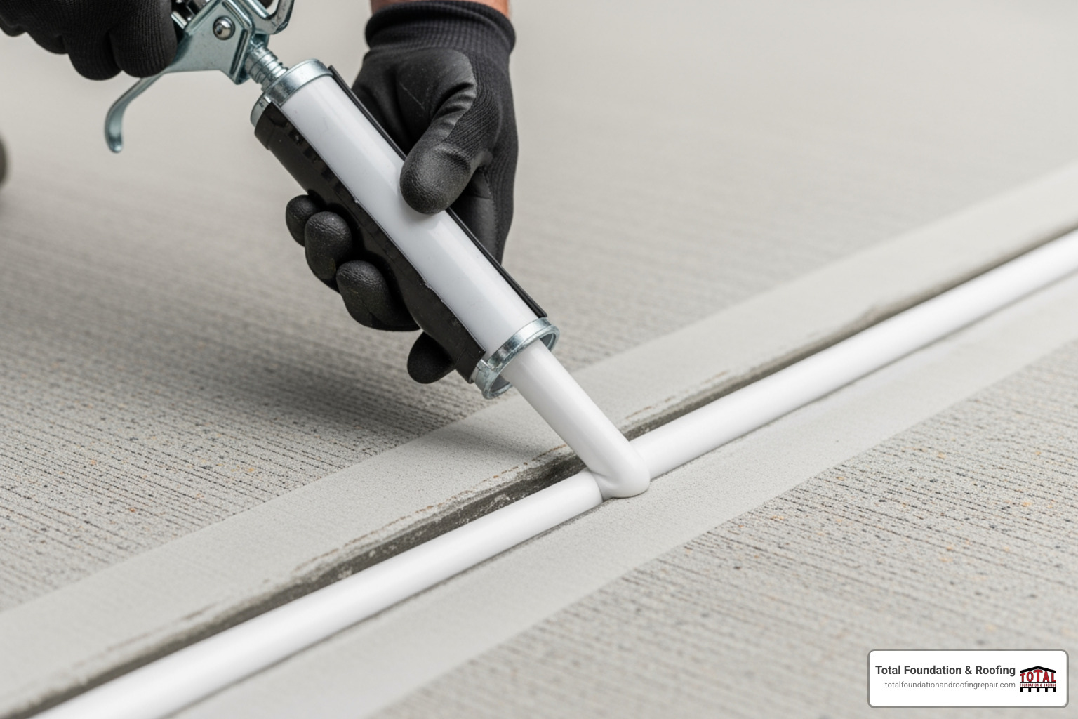 self-leveling sealant being applied to a driveway expansion joint - best concrete slab crack filler