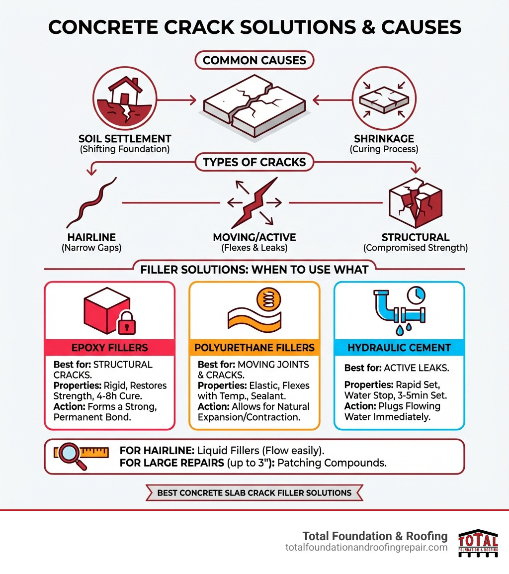 infographic showing common causes of concrete cracks including soil settlement and shrinkage, types of cracks from hairline to structural, and when to use epoxy versus polyurethane versus hydraulic cement fillers - best concrete slab crack filler infographic 