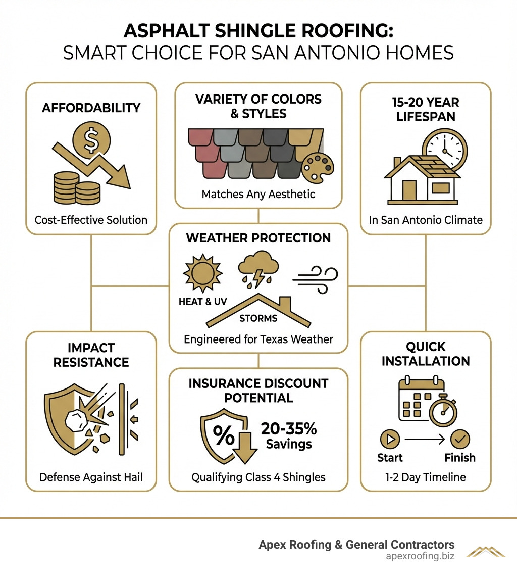infographic showing asphalt shingle benefits including affordability with dollar sign, variety of colors and styles with color swatches, 15-20 year lifespan in San Antonio climate, impact resistance against hail, insurance discount potential of 20-35%, quick 1-2 day installation timeline, and weather protection against heat UV and storms - residential shingle roofing san antonio infographic infographic showing asphalt shingle benefits including affordability with dollar sign, variety of colors and styles with color swatches, 15-20 year lifespan in San Antonio climate, impact resistance against hail, insurance discount potential of 20-35%, quick 1-2 day installation timeline, and weather protection against heat UV and storms - residential shingle roofing san antonio infographic