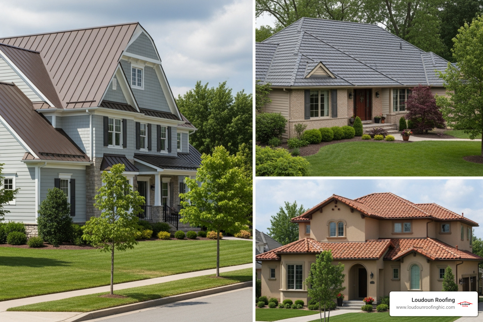 showcasing different metal roof styles (standing seam, shingles, tile) on various homes - metal roofing Northern Virginia