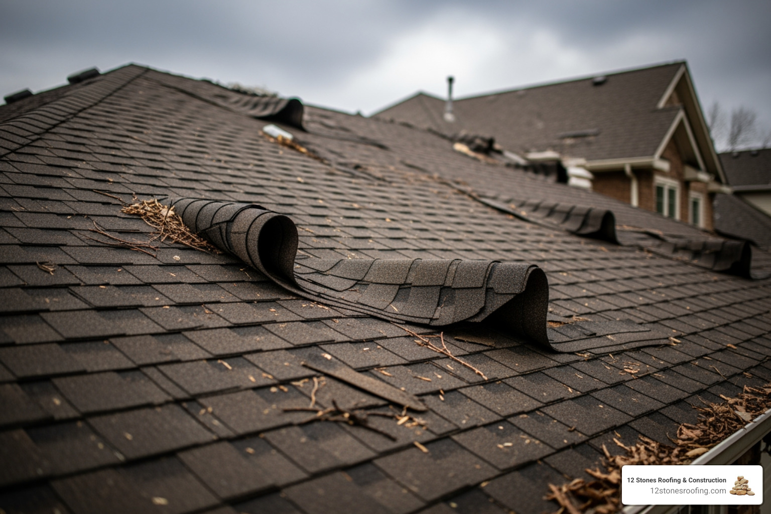 Wind-damaged shingles curled and lifted on a roof - Emergency roof repair quote