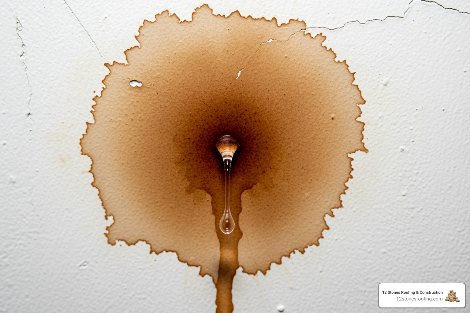 A large brown water stain on a ceiling with a drip forming - Emergency roof repair quote