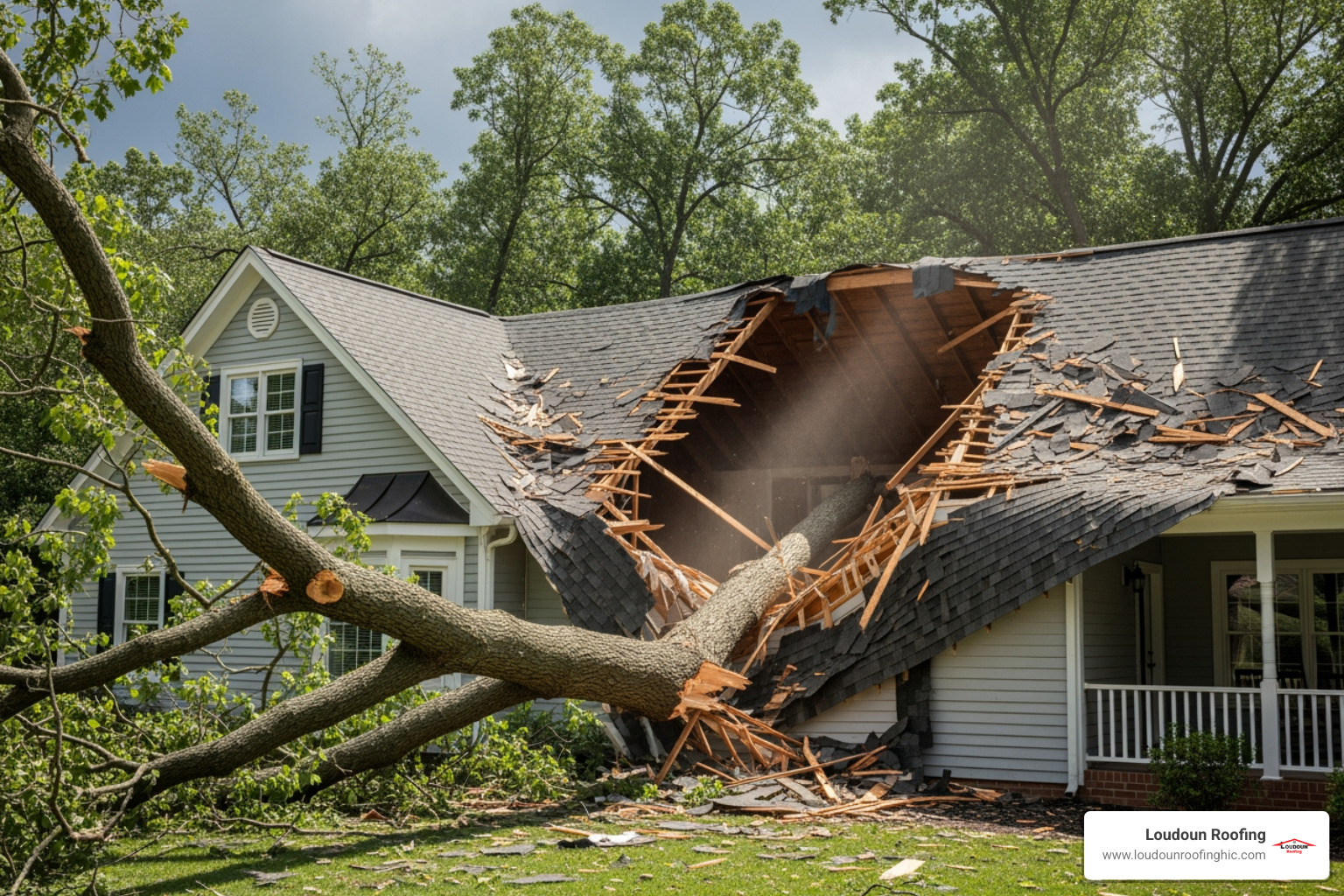 A large tree branch has fallen on a residential roof, causing significant damage. - urgent roof repair