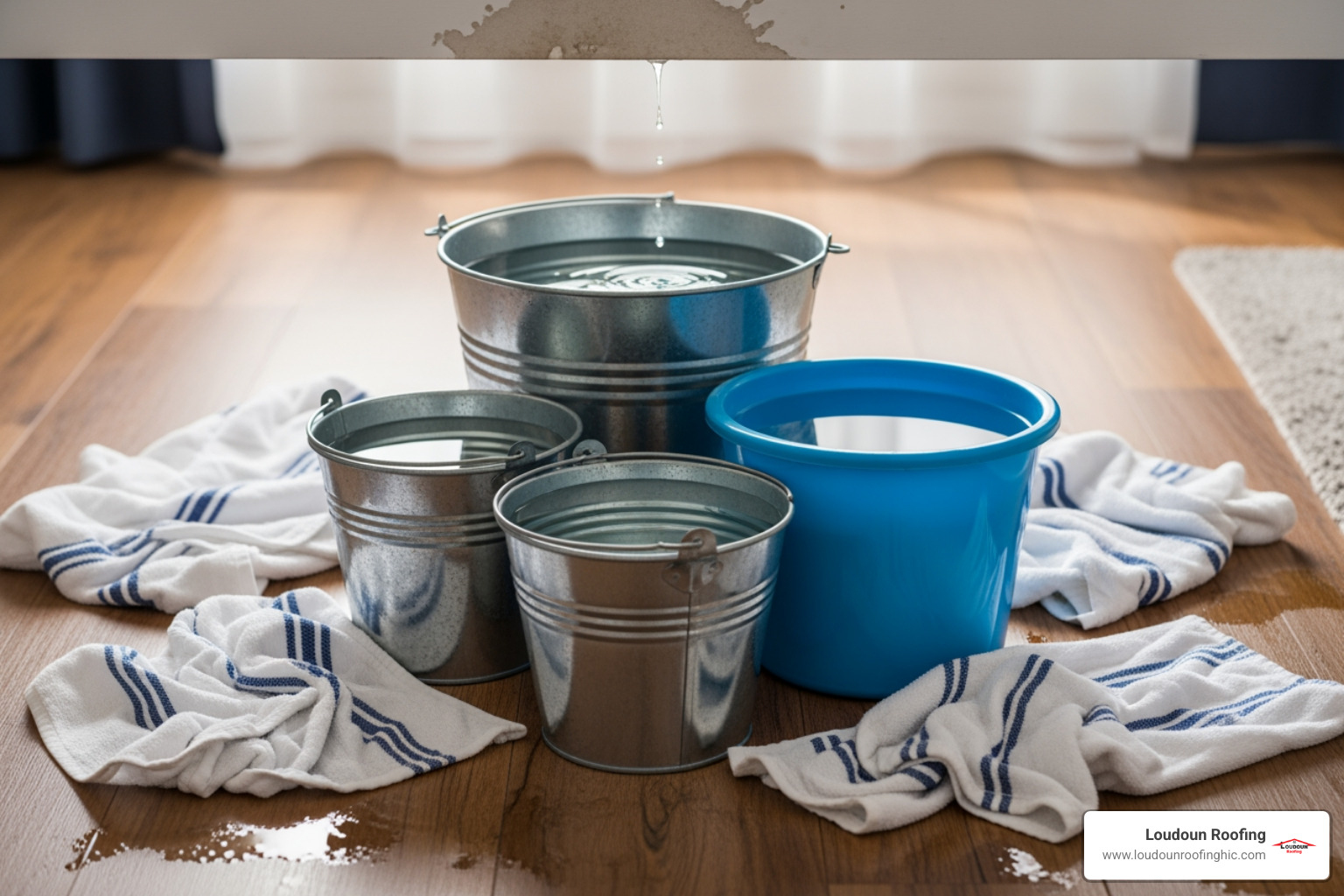Buckets and towels are strategically placed to collect water from a ceiling leak inside a home. - urgent roof repair