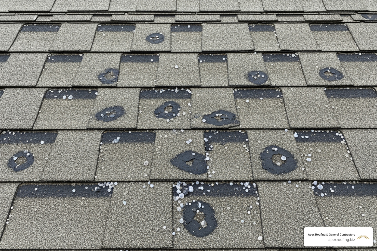 hail impact marks on asphalt shingles - damaged roofs