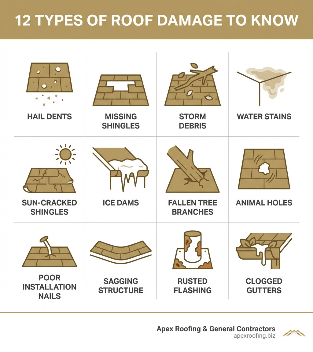 infographic showing icons of 12 types of roof damage: hail dents, missing shingles, storm debris, water stains, sun-cracked shingles, ice dams, fallen tree branches, animal holes, poor installation nails, sagging structure, rusted flashing, and clogged gutters with brief labels - damaged roofs infographic 