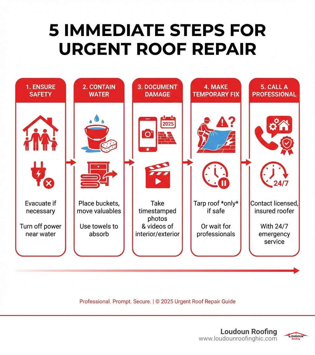 Infographic showing 5 immediate steps for urgent roof repair: 1. Ensure Safety - evacuate if necessary, turn off power near water; 2. Contain Water - place buckets, move valuables, use towels; 3. Document Damage - take timestamped photos and videos of interior and exterior; 4. Make Temporary Fix - tarp roof only if safe, or wait for professionals; 5. Call a Professional - contact licensed, insured roofer with 24/7 emergency service - urgent roof repair infographic 