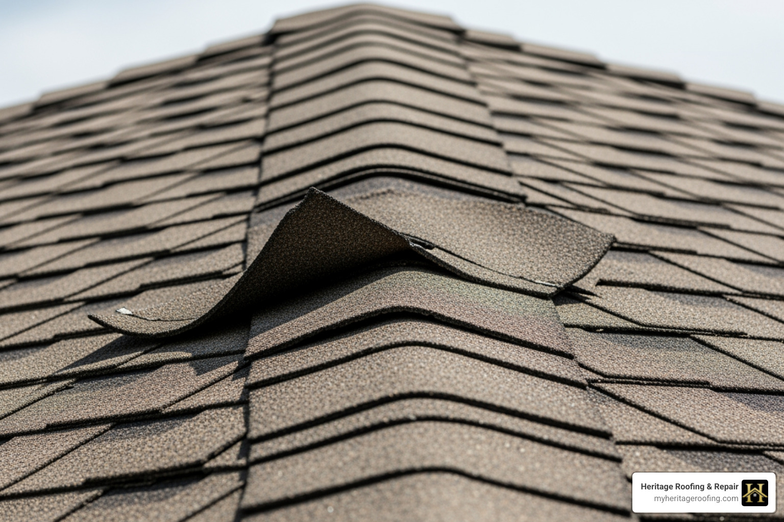 Close-up of curled, cracked, or missing asphalt shingles. - roof repair harrison ar