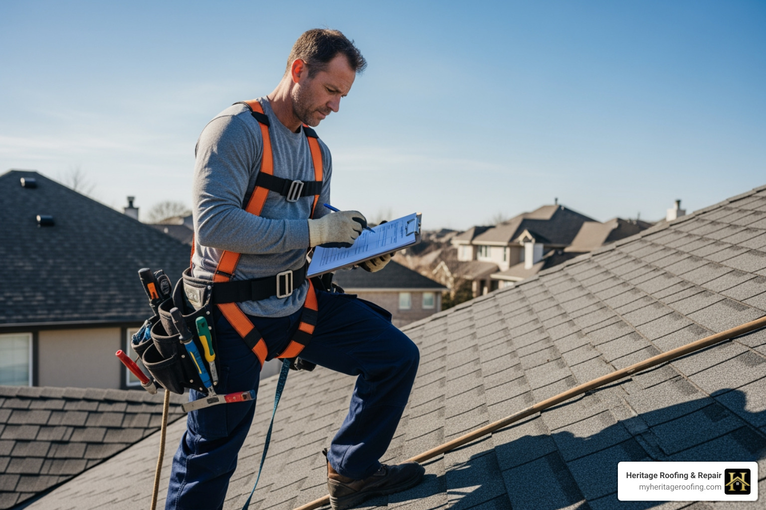 Professional roofer examining a roof with a checklist. - roof repair harrison ar