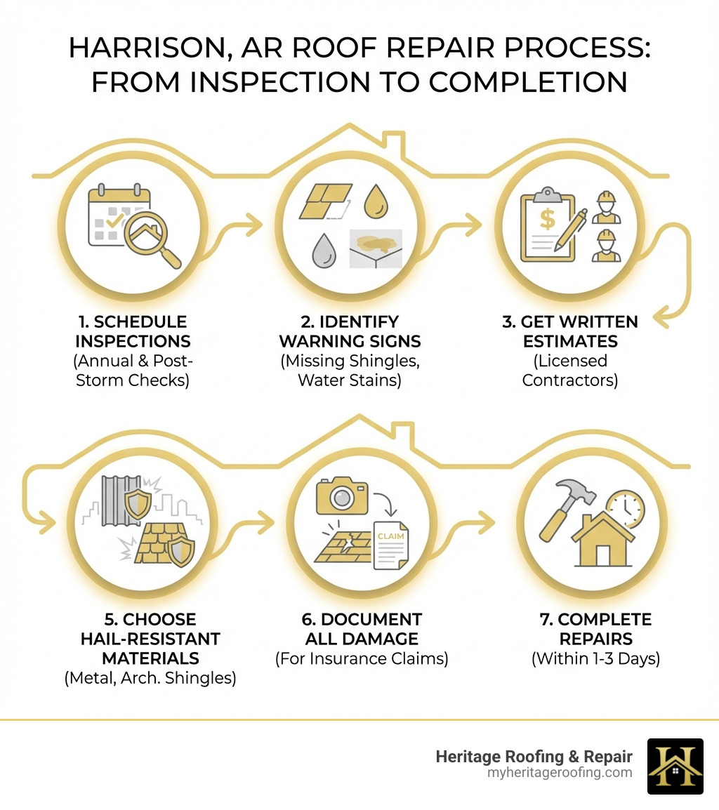 Infographic showing the roof repair process in Harrison AR: 1) Schedule annual inspection and post-storm checks, 2) Identify warning signs like missing shingles or water stains, 3) Get written estimates from licensed contractors, 4) Verify permit requirements with the city, 5) Choose hail-resistant materials like metal or architectural shingles, 6) Document all damage for insurance claims, 7) Complete repairs within 1-3 days - roof repair harrison ar infographic 