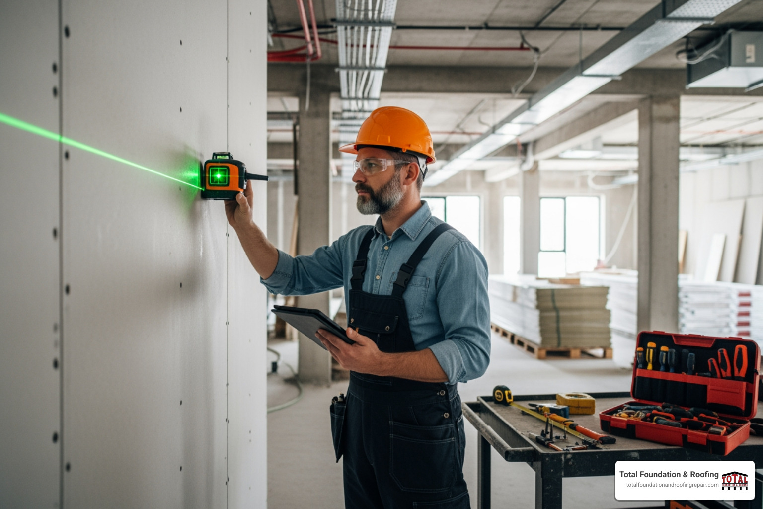Professional Inspector with Laser Level - commercial foundation inspection