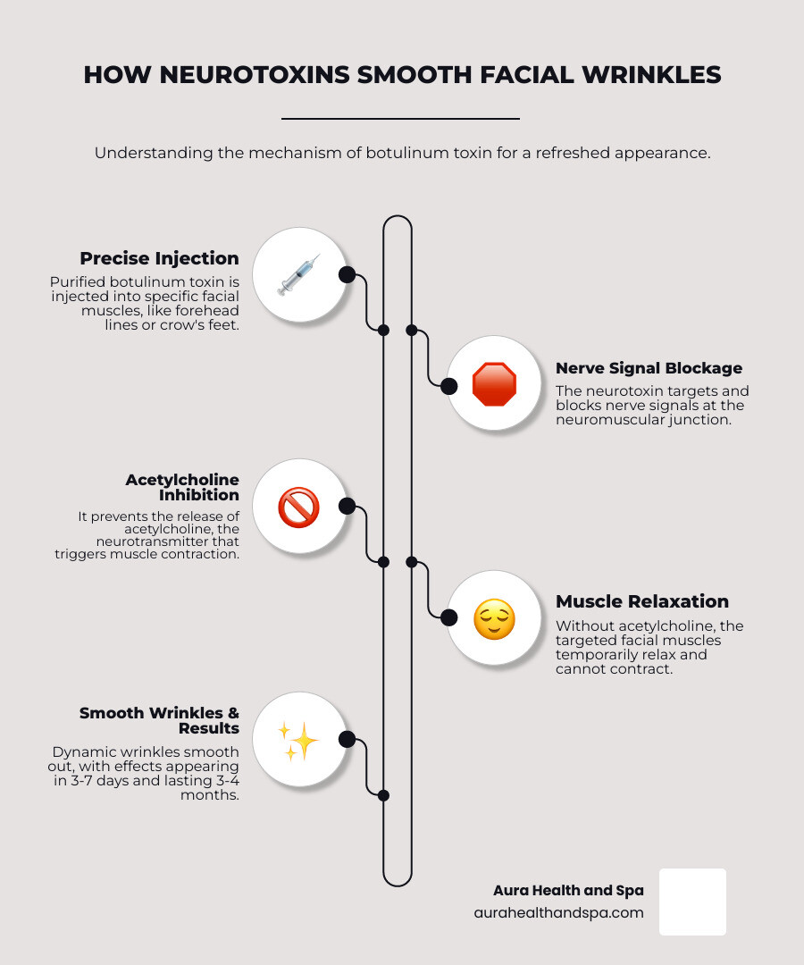 Infographic showing how neurotoxin injections block nerve signals at the neuromuscular junction, preventing acetylcholine release and temporarily relaxing facial muscles to smooth dynamic wrinkles in areas like forehead lines, glabellar lines, and crow's feet, with results appearing in 3-7 days and lasting 3-4 months - botox face treatment infographic infographic-line-5-steps-elegant_beige