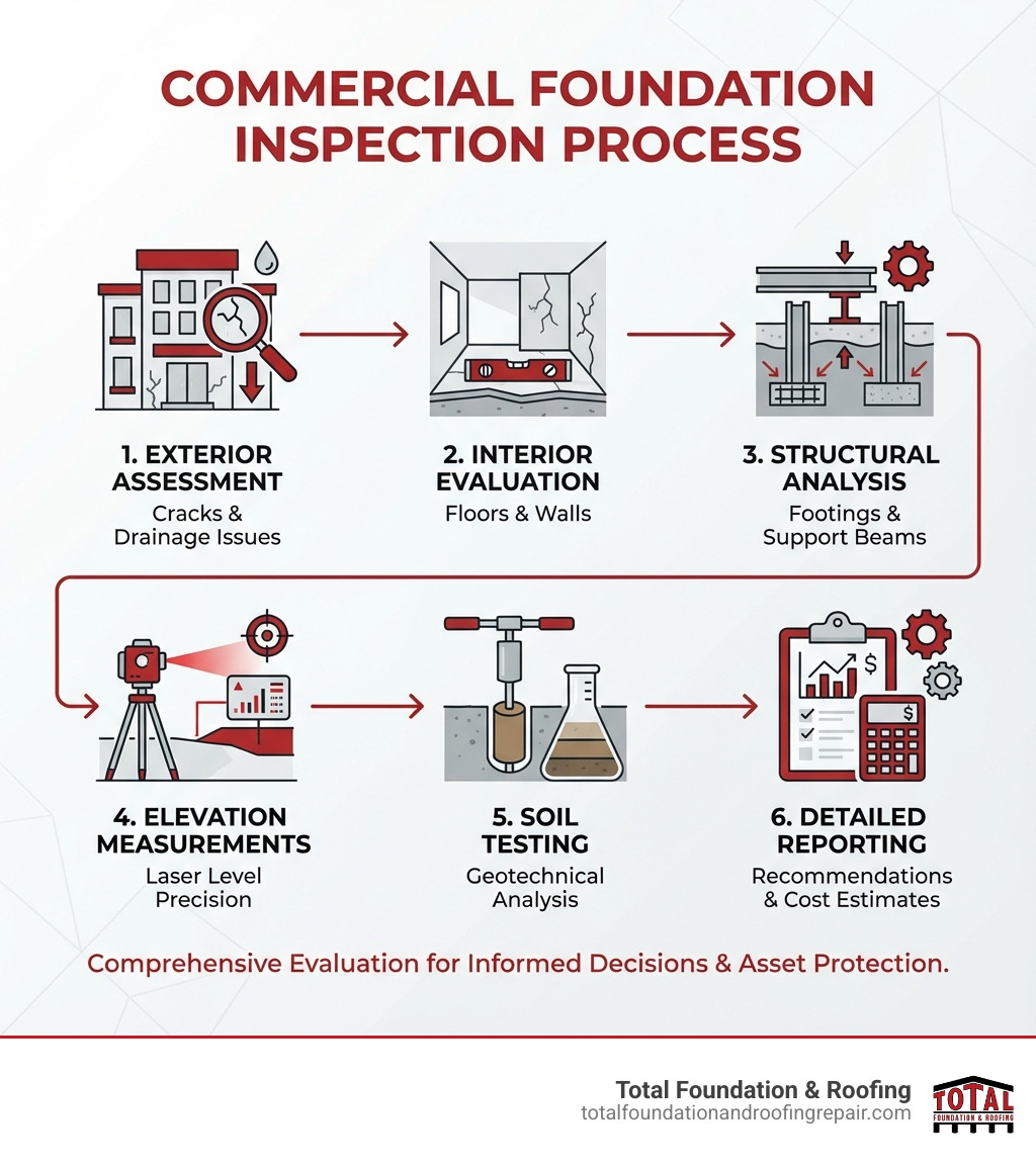 Infographic showing commercial foundation inspection process: exterior assessment for cracks and drainage issues, interior evaluation of floors and walls, structural component analysis of footings and support beams, elevation measurements using laser levels, soil testing, and detailed reporting with repair recommendations and cost estimates - commercial foundation inspection infographic 