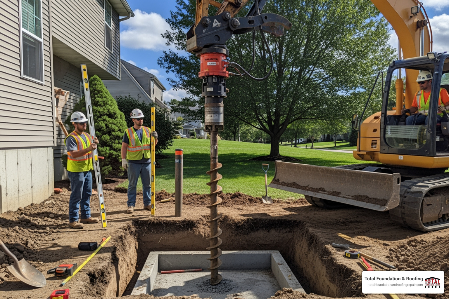 helical piers being installed next to a foundation - expert house leveling services