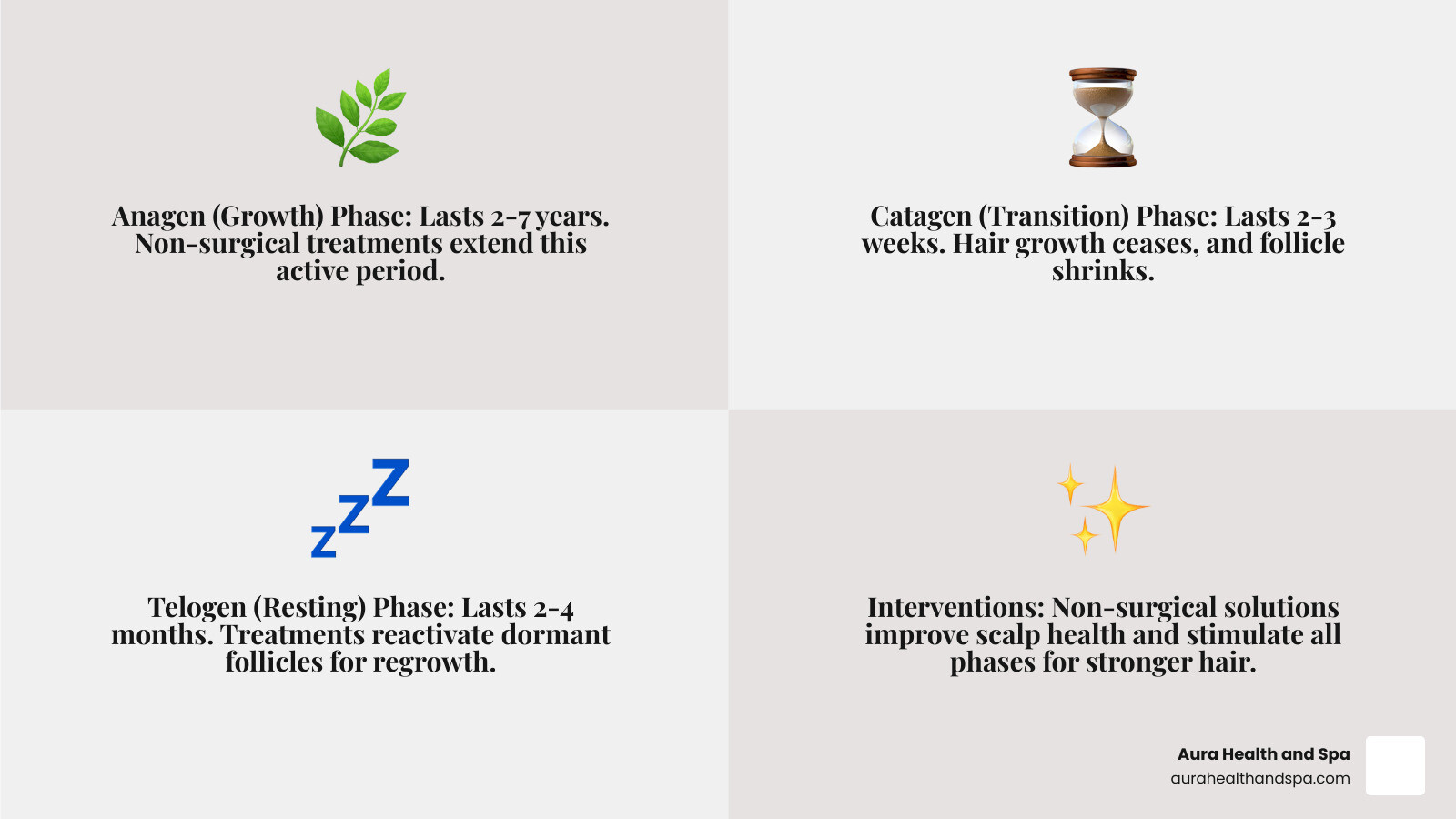 infographic explaining the hair growth cycle phases and where non-surgical treatments work - non surgical hair loss solutions infographic 4_facts_emoji_grey