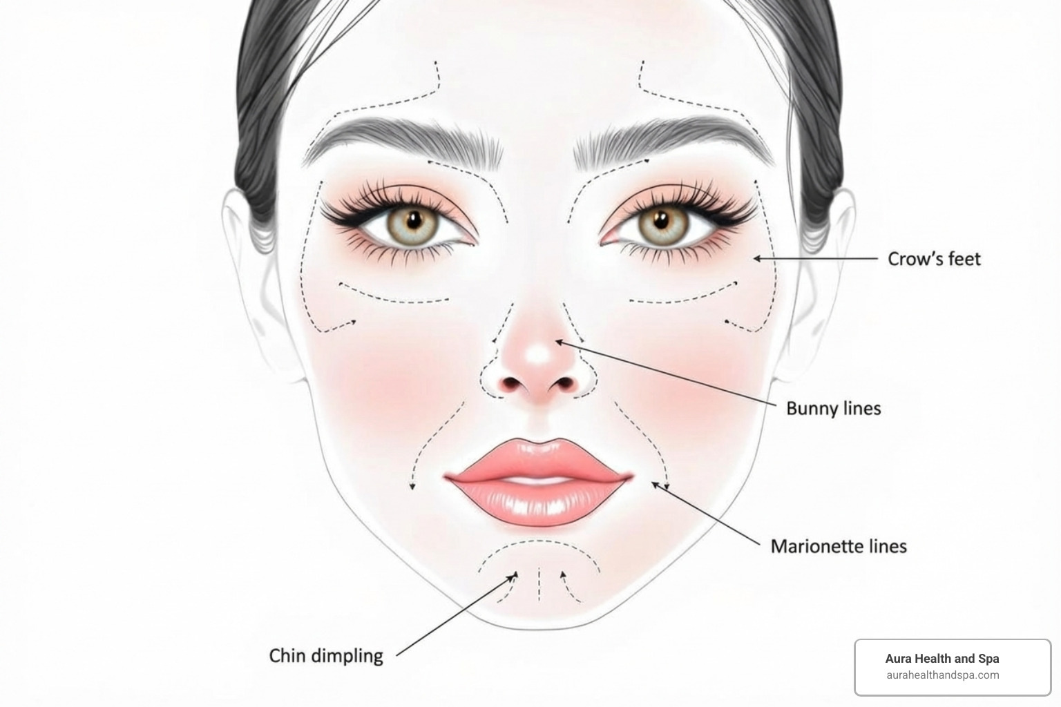Diagram showing common facial treatment areas for neurotoxins - botox face treatment