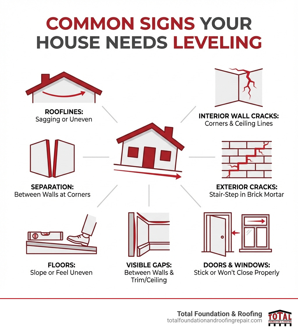 Infographic showing common signs a house needs leveling: interior wall cracks appearing in corners and along ceilings, exterior stair-step cracks in brick mortar, doors and windows that stick or won't close properly, visible gaps between walls and trim or ceiling, floors that slope or feel uneven when walking, separation between walls at corners, and sagging or uneven rooflines - expert house leveling services infographic 