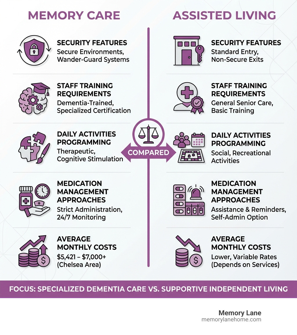 Infographic comparing memory care and assisted living services, showing key differences in security features, staff training requirements, daily activities programming, medication management approaches, and average monthly costs - Chelsea memory care infographic