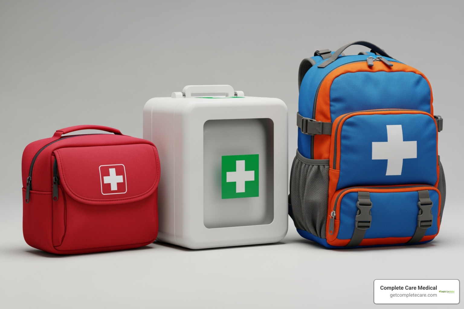 different types of kits side-by-side: a small pouch for a car, a wall-mounted box for a workplace, and a backpack kit for hiking - first aid kits