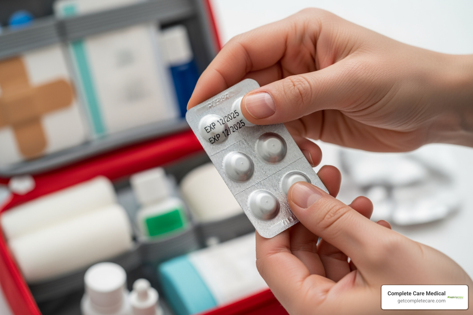 a person checking the expiration date on a medication packet from a first aid kit - first aid kits