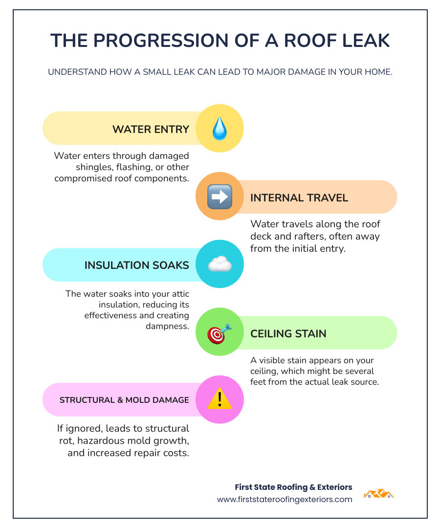 Infographic showing the progression of a roof leak: 1. Water enters through damaged shingle or flashing, 2. Travels along roof deck and rafters, 3. Soaks insulation, 4. Appears as ceiling stain far from entry point, 5. If ignored leads to mold growth and structural damage - roof leak detection infographic infographic-line-5-steps-colors