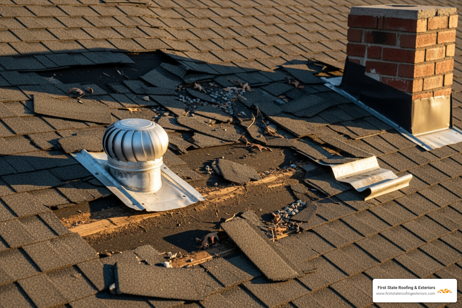 Damaged shingles and loose flashing on a roof - roof leak detection