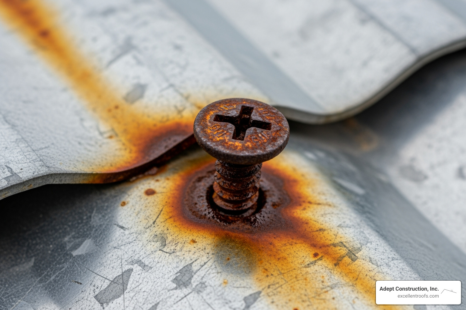 close-up of a rusted screw on a metal roof panel - residential metal roof repair