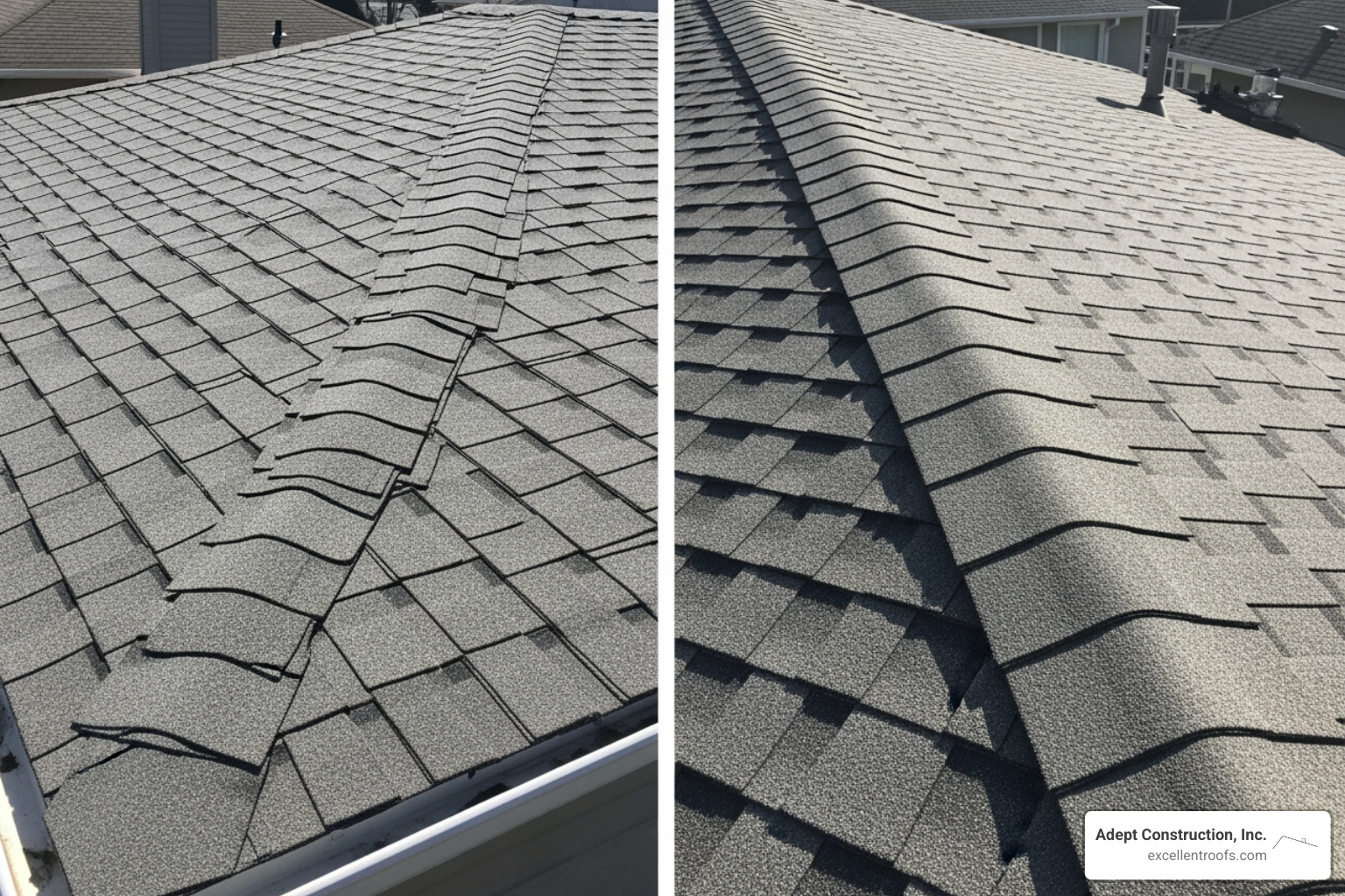 Side-by-side comparison of 3-tab and architectural shingles - cost to replace roof architectural shingles
