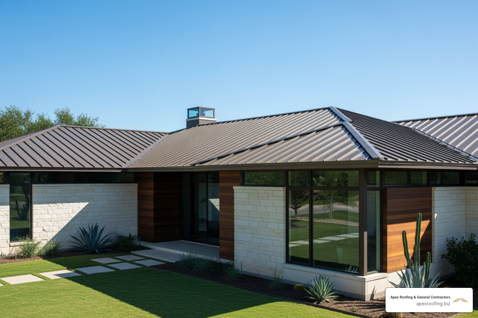 Modern metal roof on a Texas home, showcasing its sleek design and durability - Roofing Services Shavano Park TX