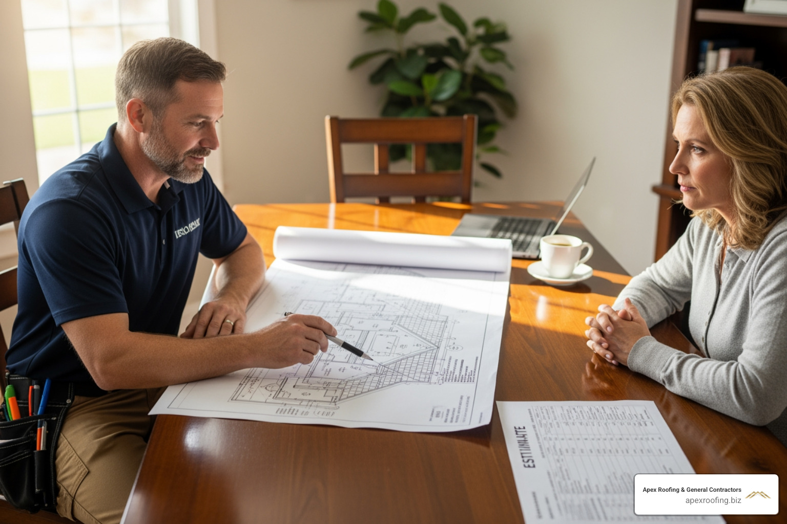 Roofer providing a detailed estimate to a homeowner, pointing out specifics on a diagram - Roofing Services Shavano Park TX