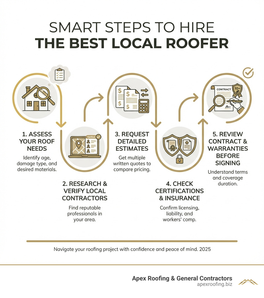 infographic showing 5-step process: 1. Assess your roof needs, 2. Research and verify local contractors, 3. Request detailed estimates, 4. Check certifications and insurance, 5. Review contract and warranties before signing - near me roofer infographic infographic showing 5-step process: 1. Assess your roof needs, 2. Research and verify local contractors, 3. Request detailed estimates, 4. Check certifications and insurance, 5. Review contract and warranties before signing - near me roofer infographic
